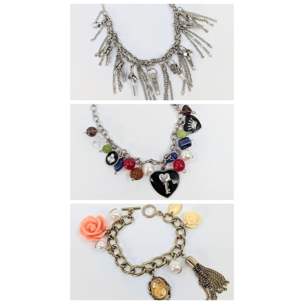 Set of 3 Charm Bracelet Zip Motif Heart Faux Pearl Flower Beads Retro Y2K Whimsy